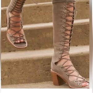 Jeffrey Campbell Tan Lace-Up Boots with Stacked Heel